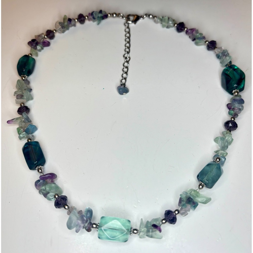 Natural Fluorite Chip Bead Necklace Purple Green Teal Crystal 21 Inch Adjustable